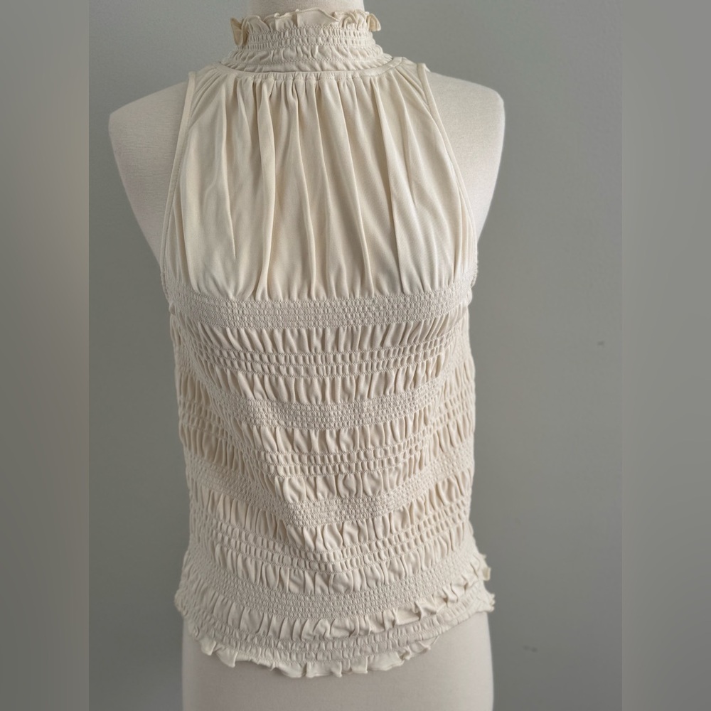 Frame Women's Ivory Smocked Mock-Neck Sleeveless Blouse Top Size Medium